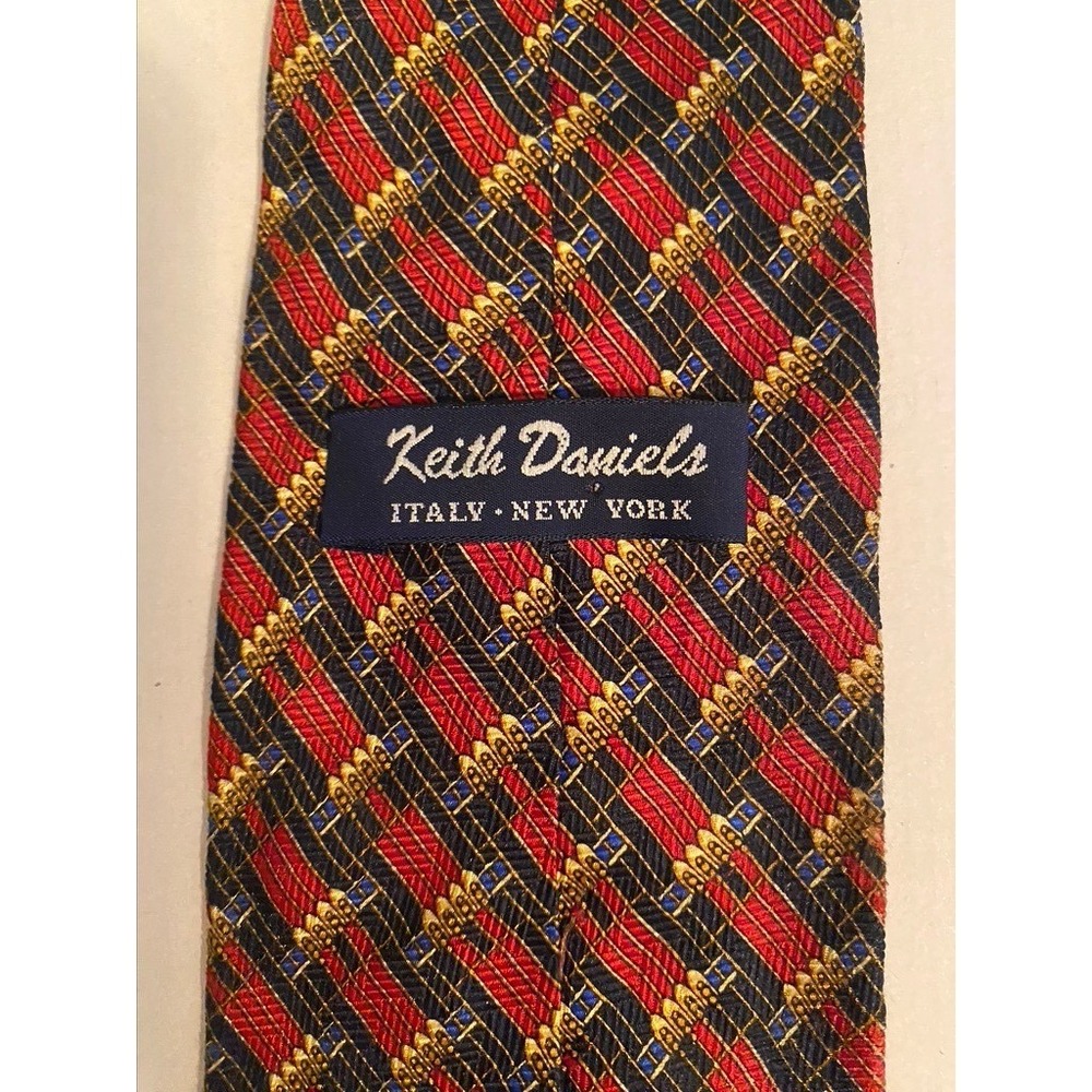 Keith Daniels Red Gold Navy Geometric Silk Tie Hand Made Italy New York